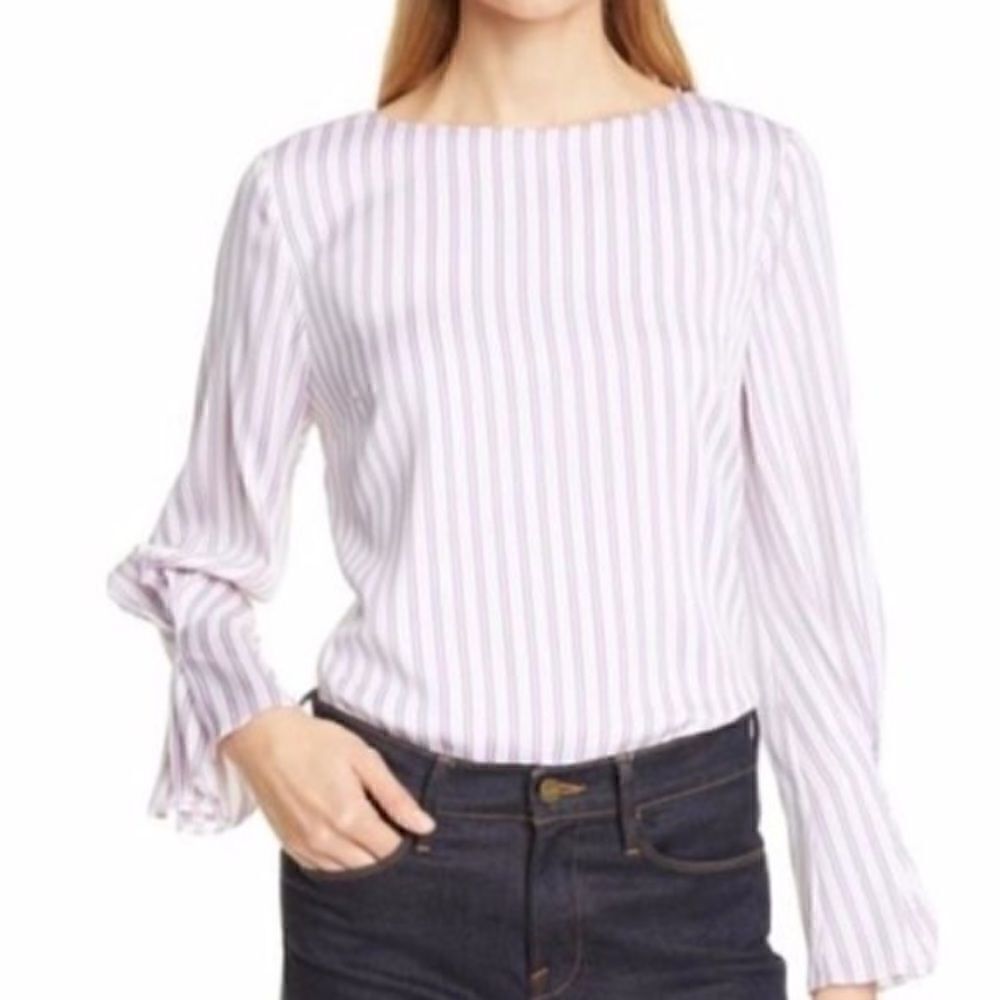 REVOLVE Lewit Silk Lavender Purple Striped Boat Neck Blouse W/ gathered sleeves